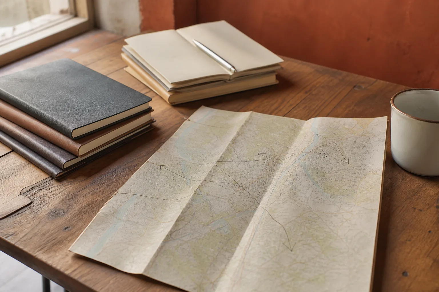 Wooden desk with stacked street notebooks, a folded paper map marked with pencil arrows, soft window light, an empty coffee cup at the edge of the frame, 1600x1067