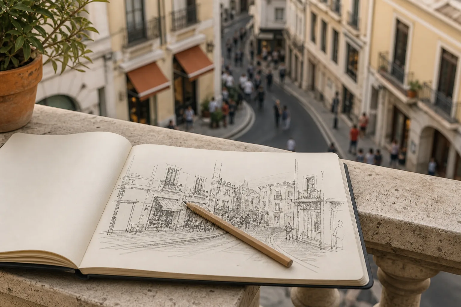 Open field notebook on a cafe ledge overlooking a busy main street, pencil resting on a sketch of shopfronts and a turning, soft afternoon light on paper and stone railing, 1920x1080