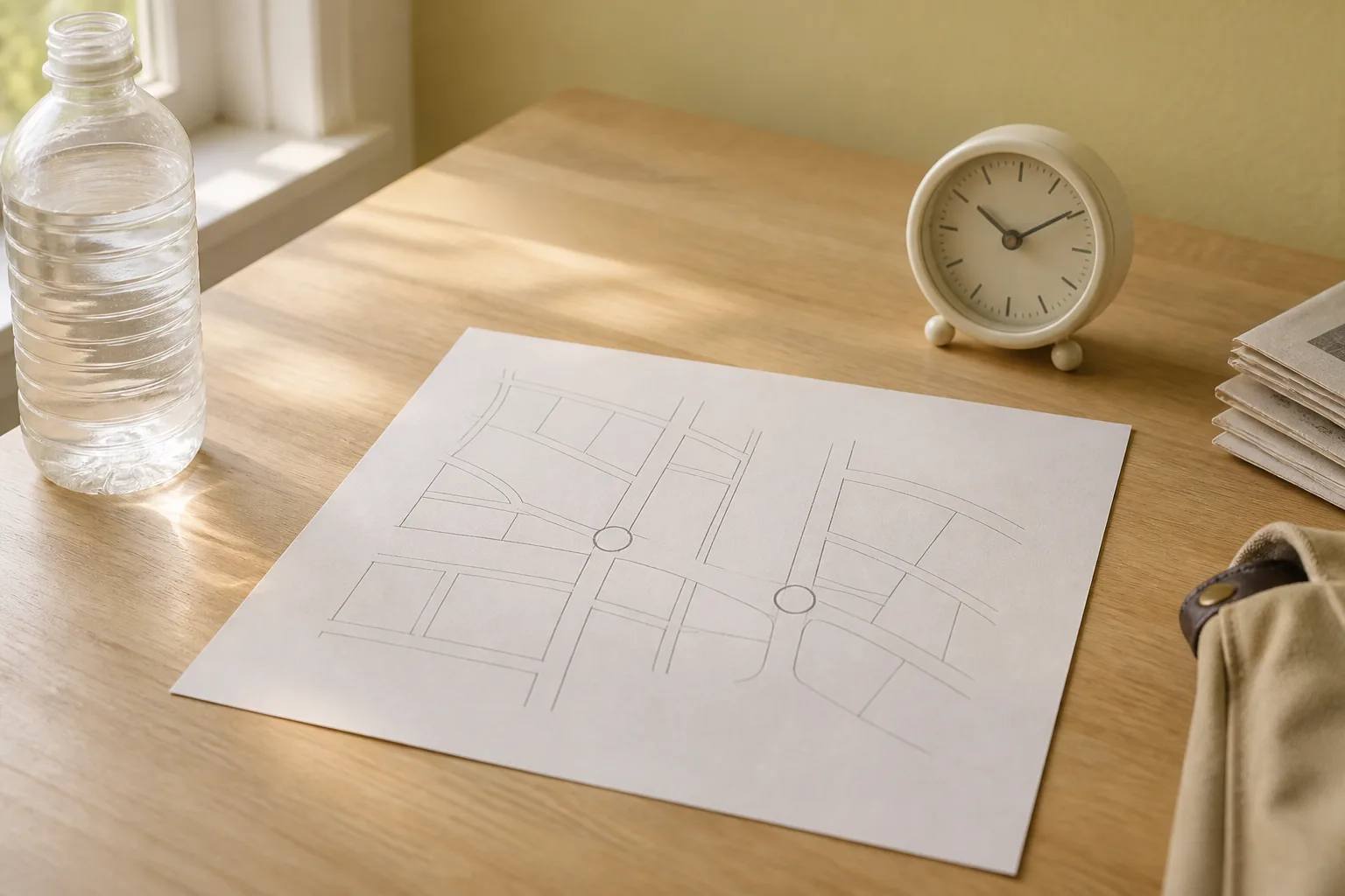 Paper route sheet on a table with three marked street segments, a small clock and a water bottle beside it, morning light from a side window, 1600x1067