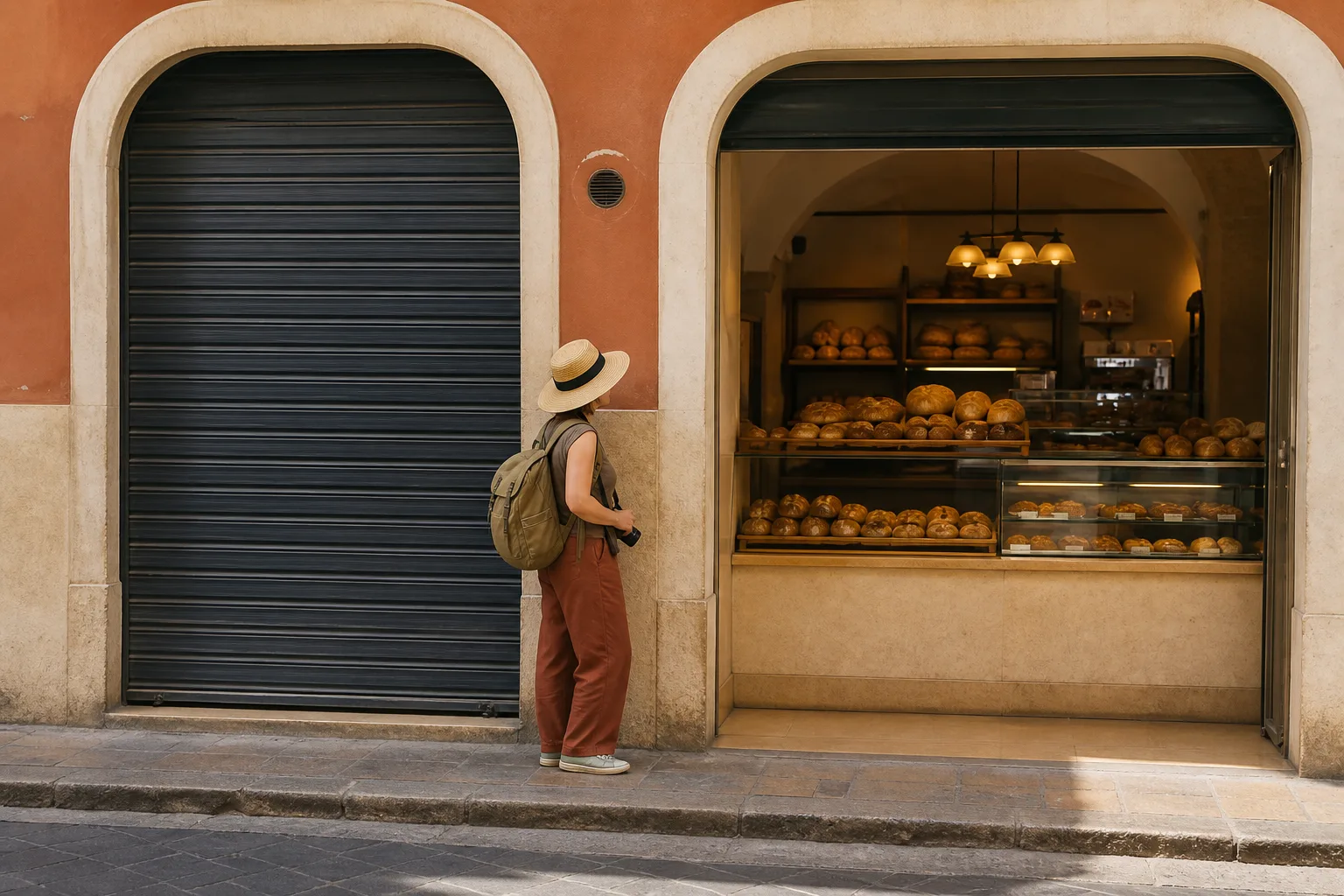 Midday commercial facade with one shutter fully down beside an open bakery window, narrow sidewalk, a traveler pausing at the wall instead of in the lane, 1600x1000
