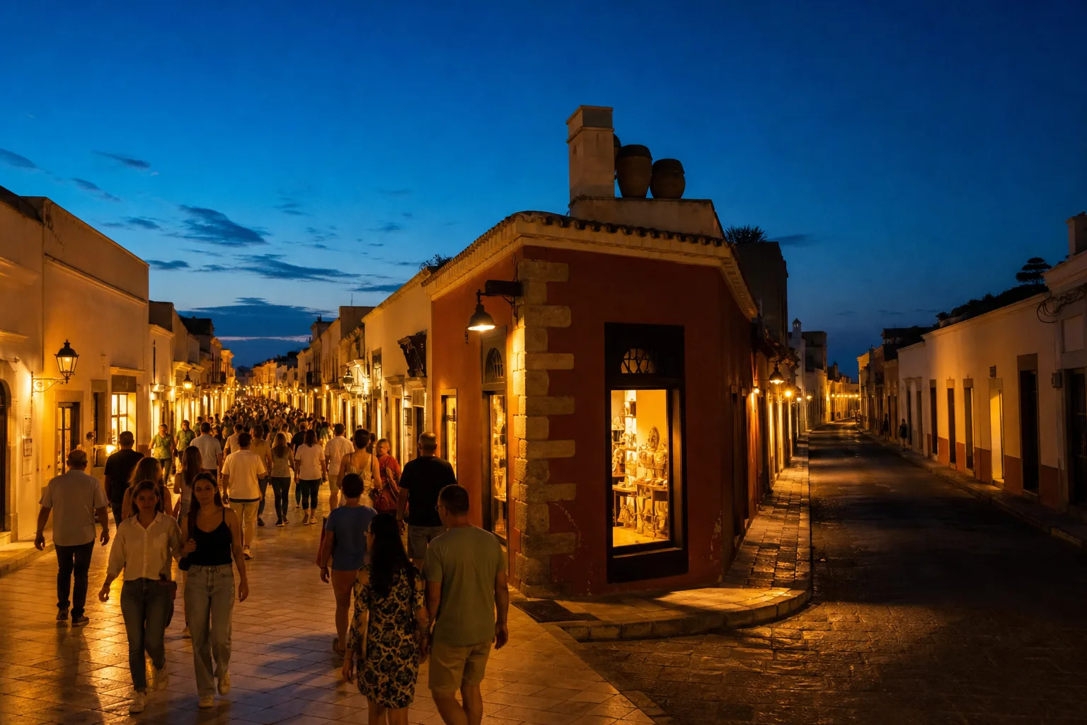 Evening main street with warm shop lights and denser pedestrian flow, a quieter parallel street visible at a corner, blue hour sky above low roofs, 1600x1000