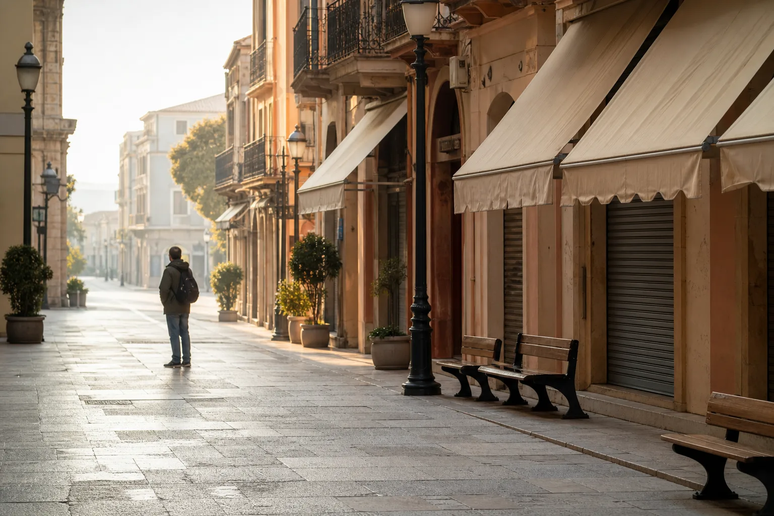 Quiet end of a commercial street in soft morning light, empty benches and lowered awnings, a single pedestrian choosing where to begin, pale stone paving, 1600x1000