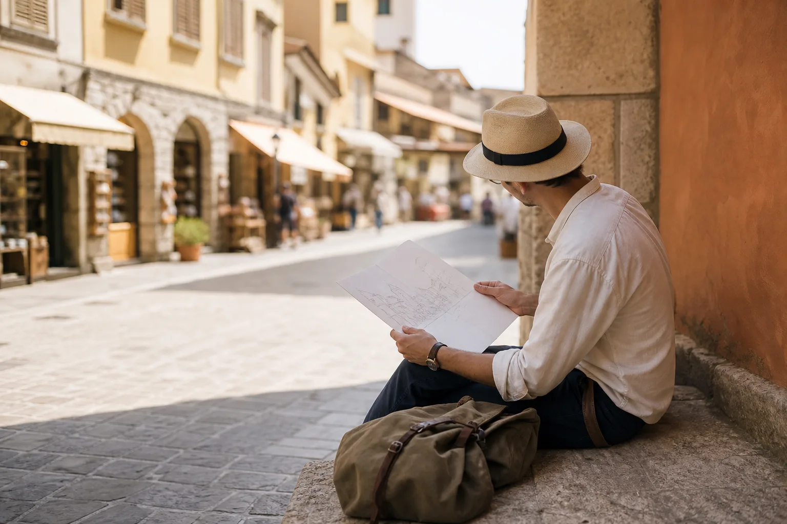 Traveler seated on a low stone wall reading a folded street sketch, main-street shopfronts soft in the background, canvas bag at their feet, late morning light, 1920x1080