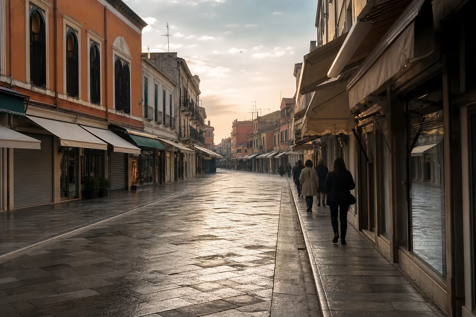 Wide main street in early light, low shopfronts opening unevenly, a few pedestrians keeping to the right of a narrow sidewalk, stone paving still damp, awnings not yet fully raised, 1920x1080