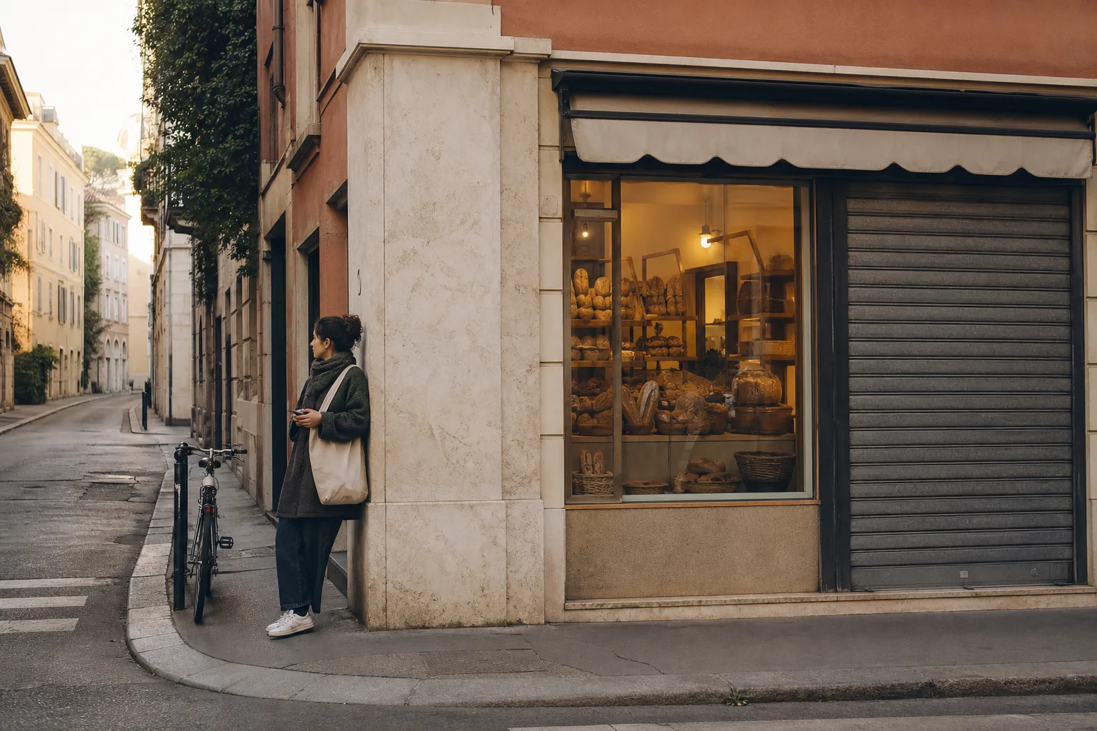 Mixed low shopfronts along a narrow sidewalk, a bakery window lit while the next shutter stays down, a person with a canvas bag waiting at a corner instead of in the middle of the path, pale stone facade and a parked bicycle, 1600x1067