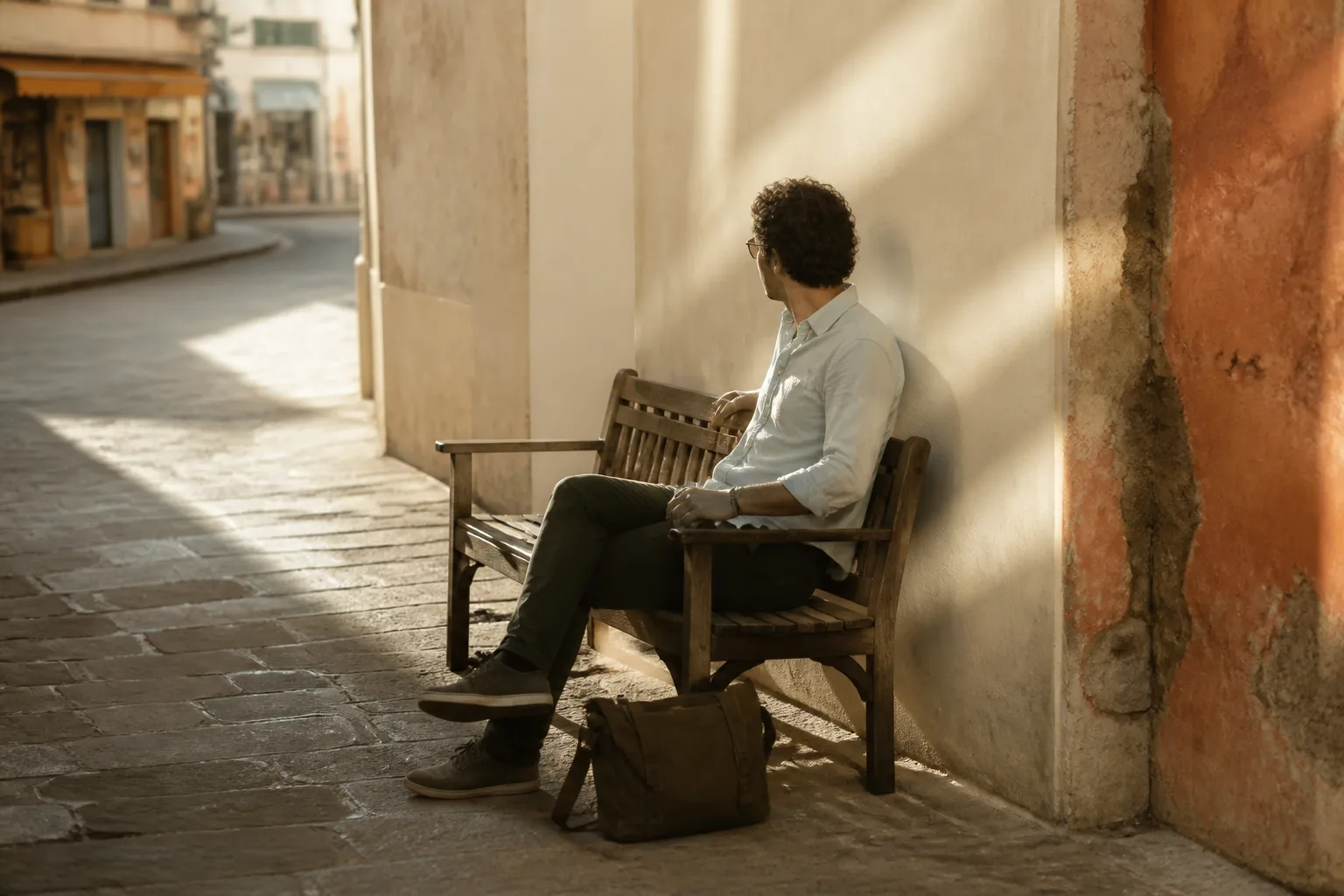 Quiet side street in late afternoon, wooden bench against a plaster wall, a shoulder bag on the ground beside one seated traveller, main-street shopfronts visible only at the far corner, long shadows on worn paving, 1600x1067